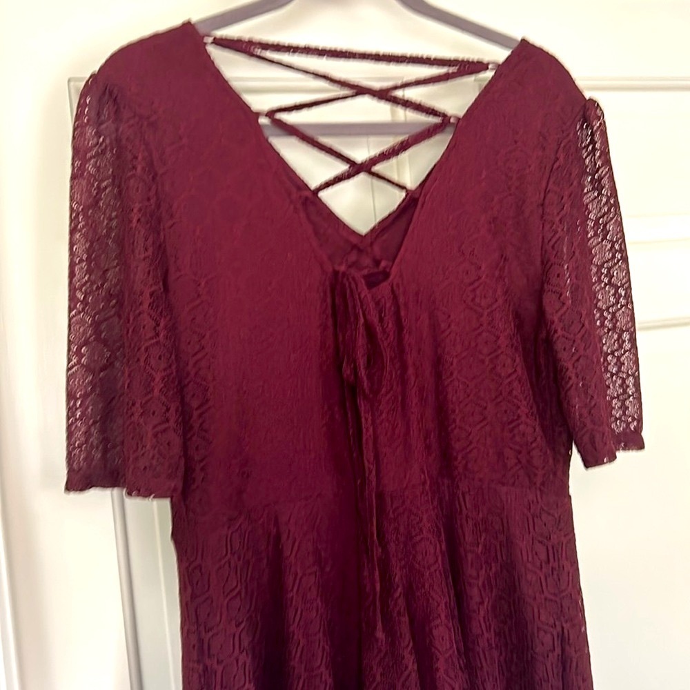 Songwriter Lace Dress Western Boho Burgundy Red Lace Up Mini Dress XL - Picture 6 of 8